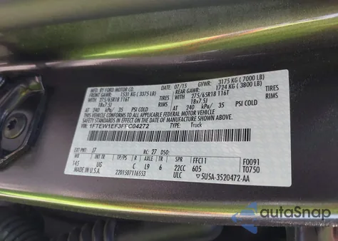 2015 Ford F-150 Xlt из США, поврежденный, VIN 1FTEW1EF3FFC04272